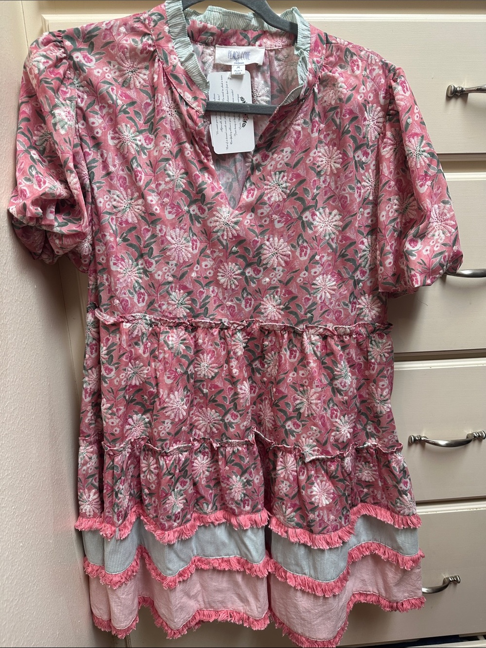 Peach Love California Pink Floral Tiered Dress  with Embroidered Accents